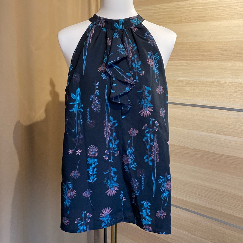 BCBGeneration XL Black Floral Halter Blouse Sleeveless Ruffle Front